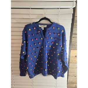 Vintage Kitty Hawk Vivian Wang 3D Beaded Blue‎ Cardigan Ugly Christmas Sweater M
